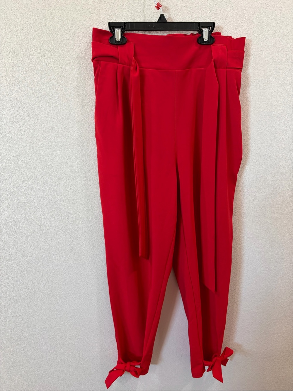 Grace Karin Red High-Waisted Paperbag Trousers with Waist and Ankle Ties